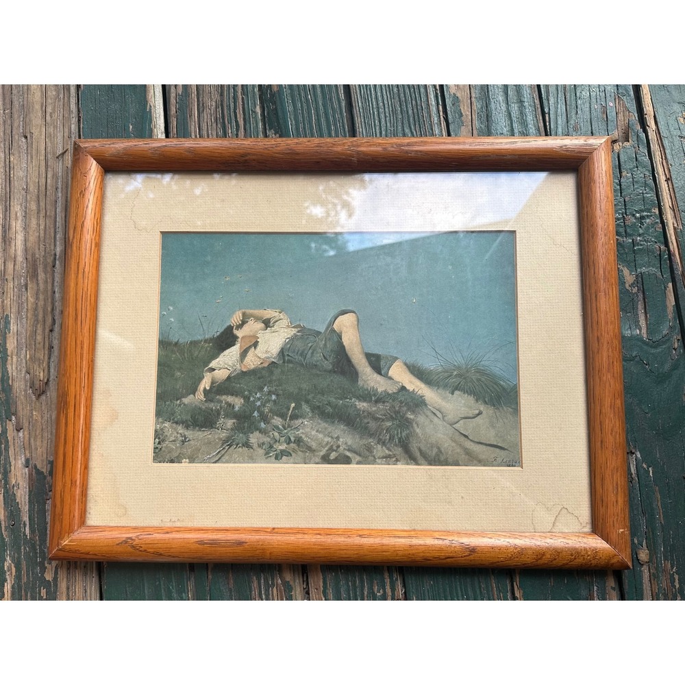 Vintage Franz von Lenbach Shepherd Boy Framed Lithograph Print 1860 Art 17x13